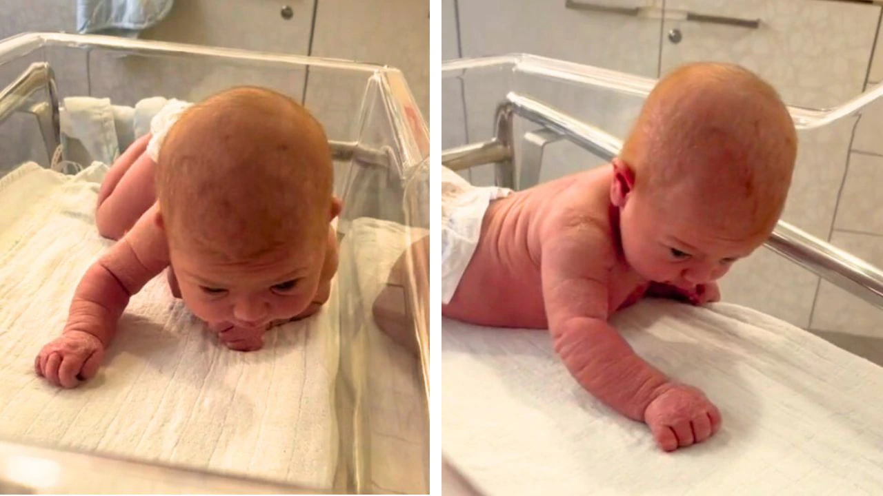 First-time mom is stunned when newborn baby lifts her head and crawls across the hospital cot